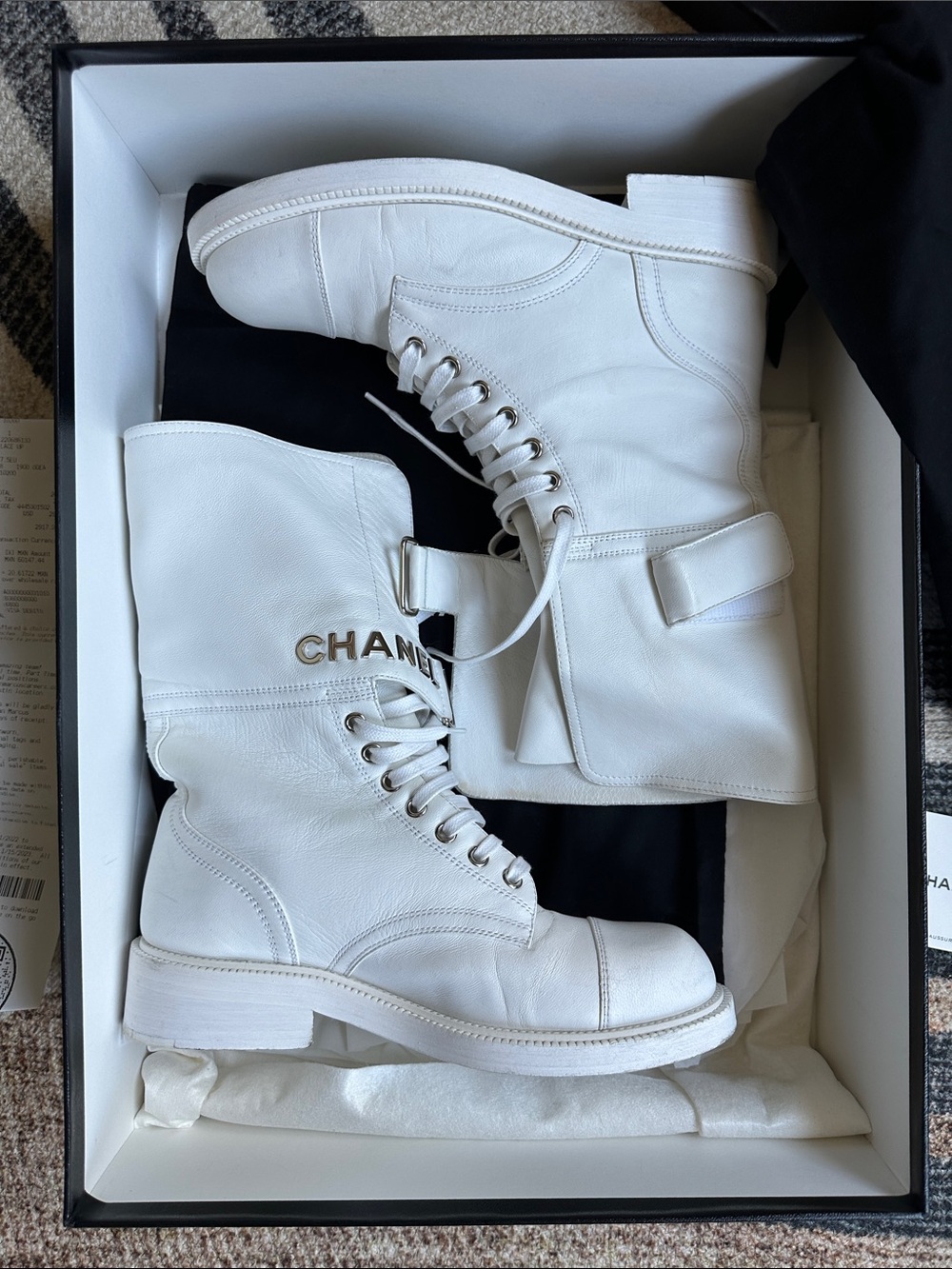CHANEL White Leather Lace-Up Ankle Combat Boots with Logo